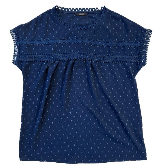 Dokotoo Crewneck Crochet Lace Top Navy Blue Short Sleeved Women's Size Medium - Picture 1 of 9